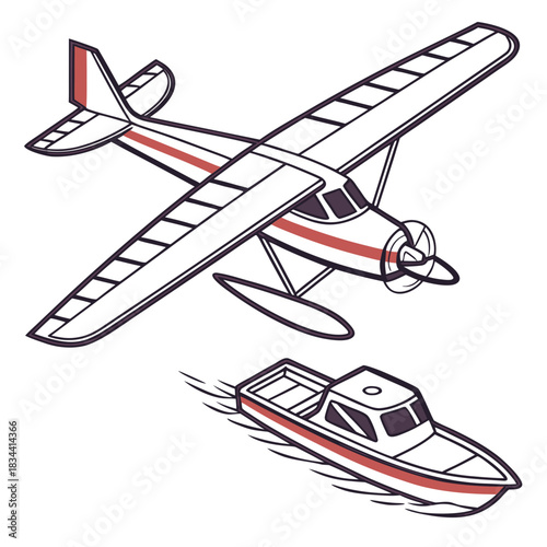 Seaplane and speed boat on white background illustration floatplane airplane