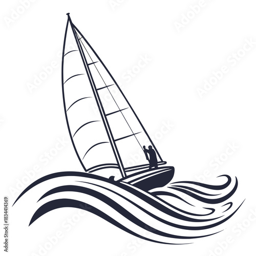 Silhouette of a sailboat with two people on a white background sailing water
