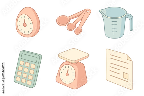 Cooking Measurement Essentials. Isometric vector illustration set of cooking measurement helpers: timer icon, measuring spoons,
