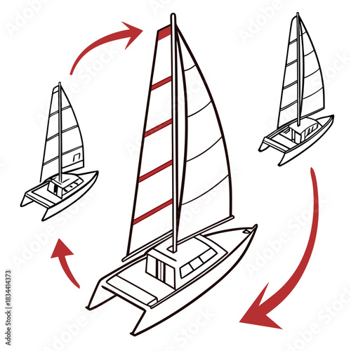 Catamaran sailboat with red accents and circular arrows on white yacht sailing