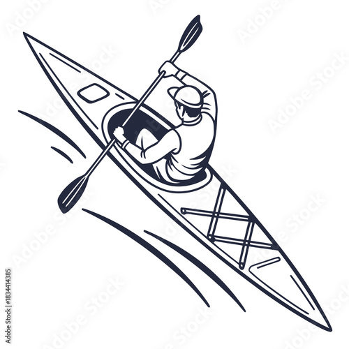 Kayaker Paddling a Kayak in Motion on White Background vector narrow
