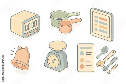 Kitchen Timing Tools. Isometric vector illustration set of kitchen timing tools: digital timer display, measuring cup set,