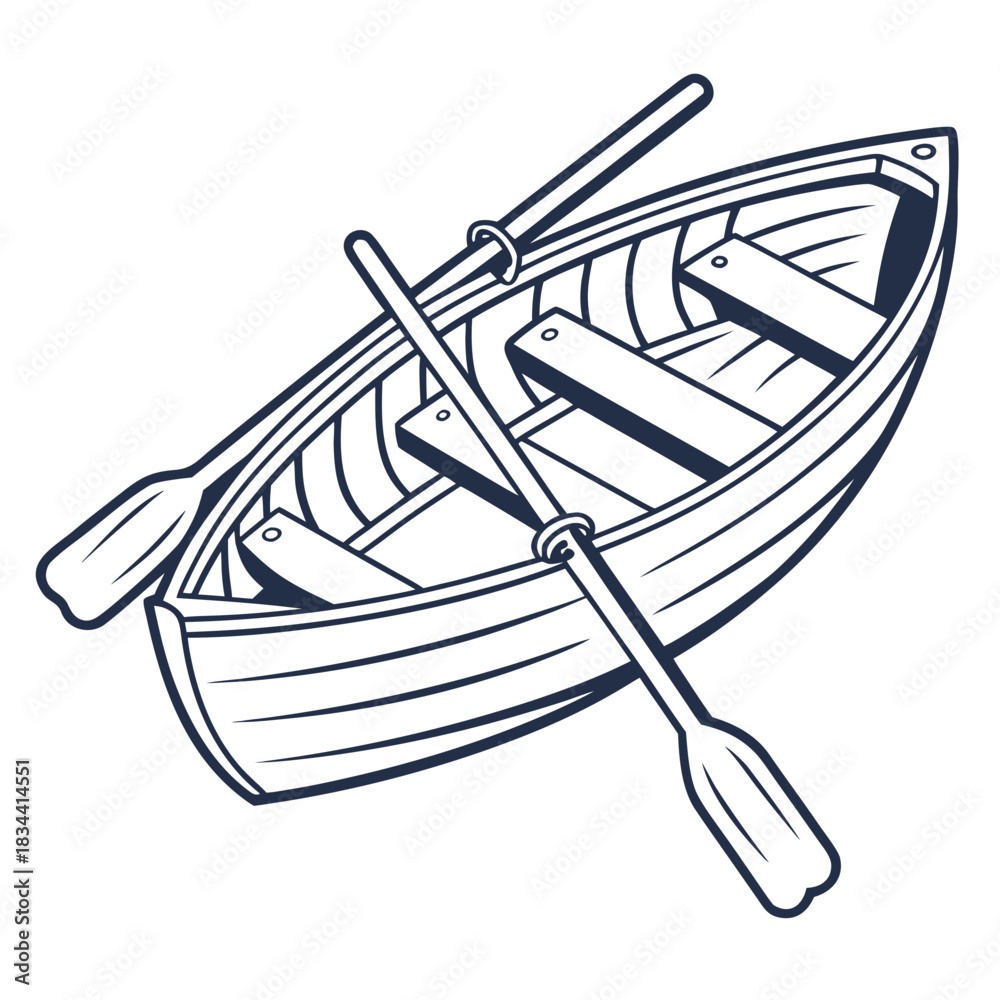 Fototapeta premium Wooden rowboat with crossed oars inside on white background wooden boat paddles