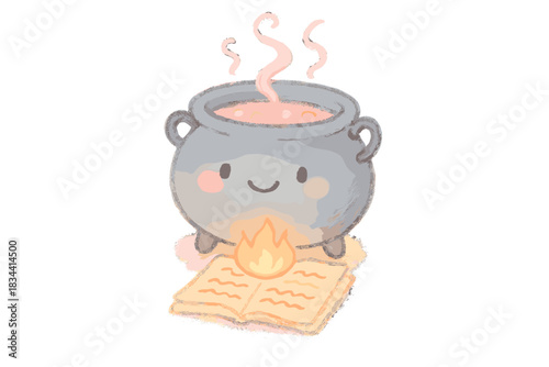Whimsical Cooking Cauldron. A whimsical cooking cauldron with a smiling face over a glowing manuscript fire, soft pastel doodle