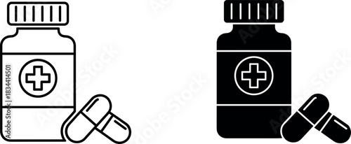 Set of medicine bottle icons with capsules in outline and solid styles for pharmacy healthcare and medical vector design