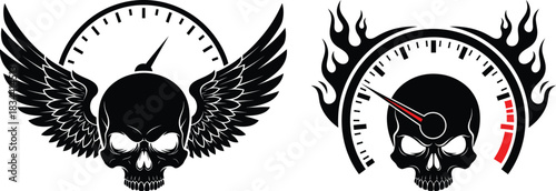 Skull Speedometer Emblem with Wings and Flames Vector Illustration
