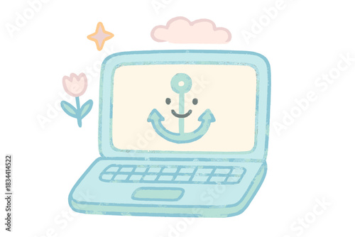 Smiling Laptop Anchor. A cheerful laptop with a smiling anchor logo representing a "home base" VPN, soft pastel doodle style, No