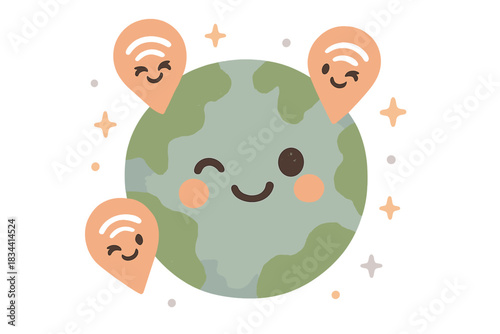 Playful Winking Globe. A playful globe with winking Wi-Fi pins and tiny abstract sparkles, cozy pastel palette, No text, No labels