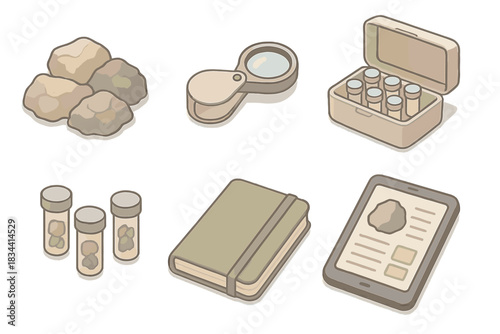 Field Mineralogy Workflow. Isometric vector illustration set of field mineralogy workflow: collected rock samples, hand lens,