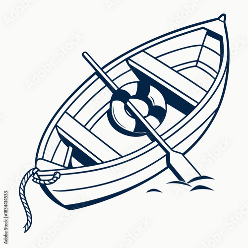 Empty wooden rowboat with oars and life preserver on water wooden boat paddle