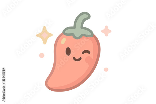 Winking Pepper Icon. A tiny "spiciness level" pepper icon with a winking expression, floating sparkles and pastel accents, soft