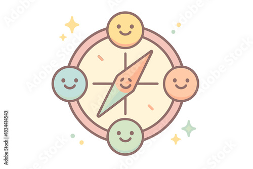 Happy Compass Points. A cheerful "moral alignment" compass with happy north, south, east, west points, tiny sparkles floating,