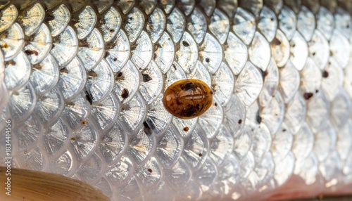 Close-up photo of the silvery, textured scales on a fish's flank, showing a small, brown parasitic organism  firmly attached to the skin surface. Analyze the parasite's impact on the fish.