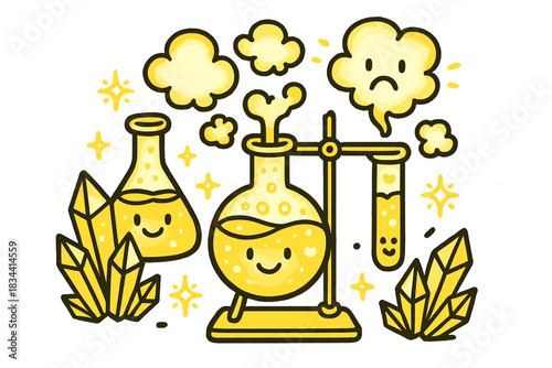 Glowing Laboratory Doodles. Doodle-style vector art of glowing laboratory setup with smiling flasks, crystals, and steam clouds