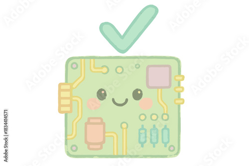Smiling Circuit Checkmark. A cheerful circuit board with a smiling "recapped" checkmark, soft pastel doodle style, No text, No