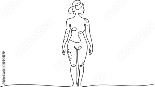 A woman with multiple psoriasis rashes all over her body. International Psoriasis Day. One line drawing for different uses. one line Icon drawing