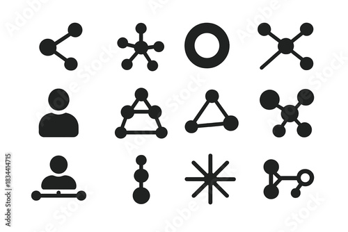 Network Centrality Icons. Solid style icons of network centrality: betweenness hub, degree node chart, closeness circle,