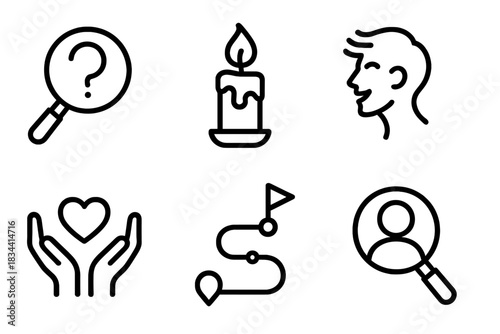 Motivation Icons Set. Line style icons of Visitor Motivation: curiosity lens, remembrance candle, thrill seeker profile, empathy