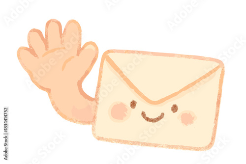 Smiling Letter Greeting. A cheerful waving hand holding a smiling letter, soft pastel doodle style, No text, No labels, isolated