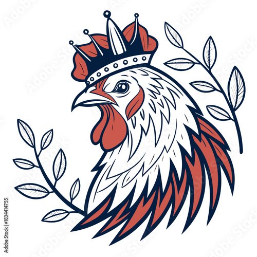 Rooster Wearing a Crown with Laurel Branches on White chicken king