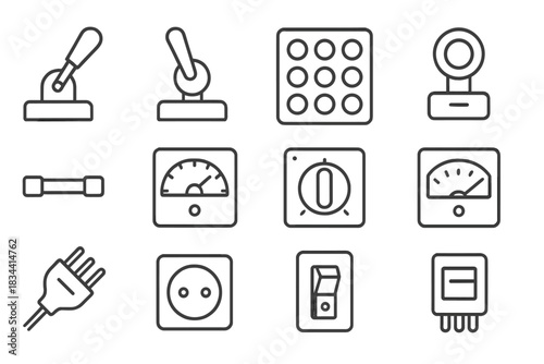 Control Panel Icons. Line style icons of control panels: lever, toggle, button grid, pilot lamp; fuse, gauge, rotary knob, meter;