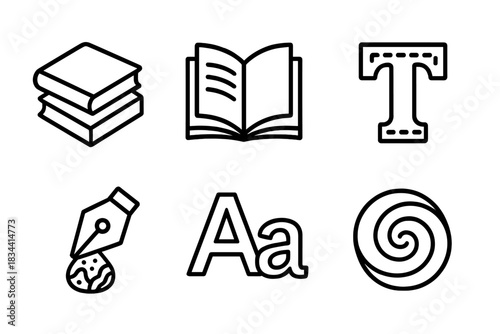 Literary Hybridity Icons. Line style icons of Literary Hybridity: overlapping books, layered pages, stitched text styles, ink with