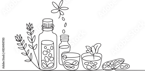 Homeopathic medicines and medicinal herbs. Non-traditional medicine directed to activate the body's own defenses. World Homeopathy Day. one line Icon drawing