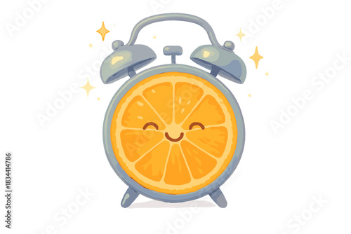 Cheerful Citrus Clock. An alarm clock with a cheerful citrus peel for a clock face, tiny joyful sparkles, soft magical pastel