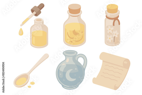 Esoteric Perfume Blending Set. Isometric vector illustration set Esoteric perfume oil blending notes: musk tincture in dropper,