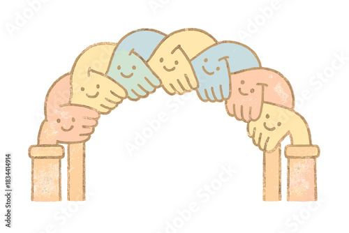 Hand Bridge Harmony. A cheerful bridge made of interlocking smiling hands, soft pastel doodle style, No text, No labels, isolated