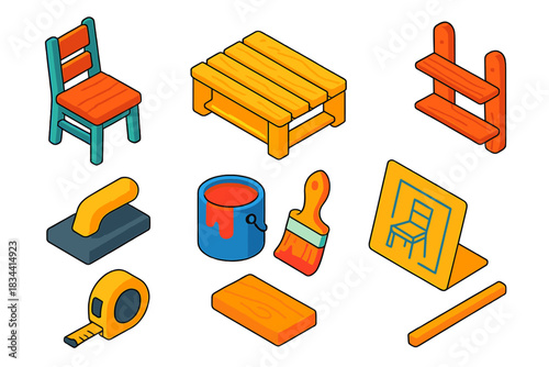 Ethical Shopping Icons. Isometric vector illustration set Ethical shopping – upcycled furniture chair, pallet table, reclaimed