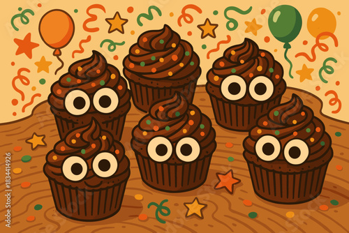 Festive Chocolate Cupcakes. Festive chocolate cupcakes with whimsical googly eyes arranged on a rustic table, playful and vector
