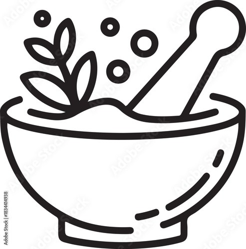 Mortar for grinding medicinal herbs. The process of preparing homeopathic medicines. World Homeopathy Day. one line Icon drawing