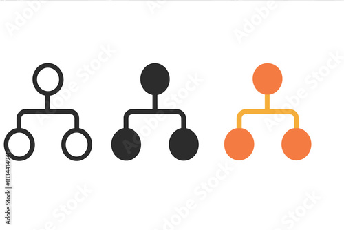 Cascading Network Icons. three minimal vector icons of nodal points connected in a cascading network pattern, line outline style,