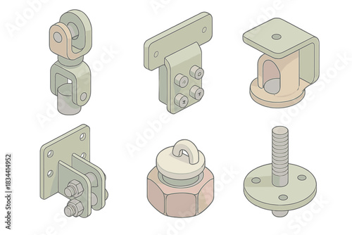 Treehouse Hardware Icons. Isometric vector illustration set Professional treehouse building hardware: high-strength swivel