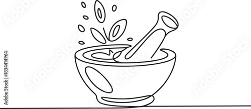 Mortar for grinding medicinal herbs. The process of preparing homeopathic medicines. World Homeopathy Day. one line Icon drawing