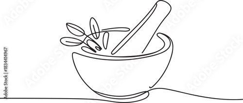 Mortar for grinding medicinal herbs. The process of preparing homeopathic medicines. World Homeopathy Day. one line Icon drawing