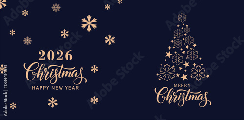 Elegant navy blue 2026 Christmas and Happy New Year greeting card with rose gold snowflakes and stylized Christmas tree made of stars, modern minimalist winter holiday background 