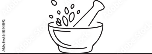 Mortar for grinding medicinal herbs. The process of preparing homeopathic medicines. World Homeopathy Day. one line Icon drawing