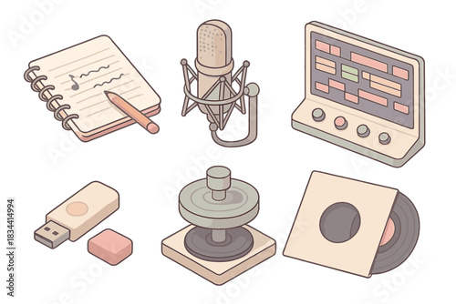 Indie Vinyl Creation. Isometric vector illustration set Indie band vinyl record production timeline: songwriting session notebook,