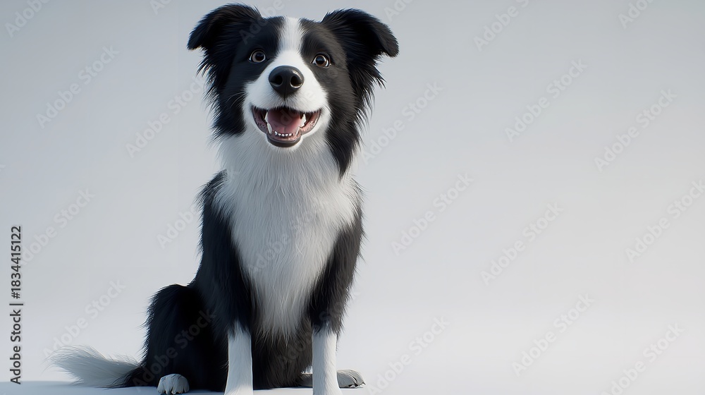 Fototapeta premium A black and white border collie sitting and smiling on a plain white background in a studio shot