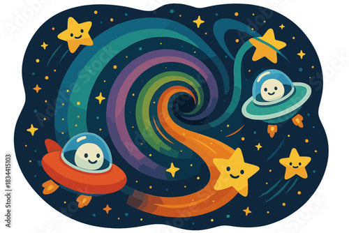 Whimsical Space Voyage. Wormhole adventure with playful tunnels, stars sliding through, and spaceships with smiling faces No text,