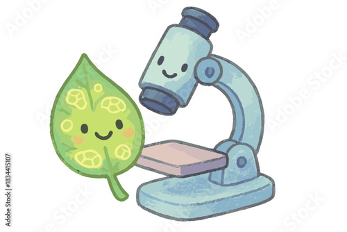 Microscope Leaf Delight. A cheerful leaf under a smiling microscope, showing unique glowing cell patterns, soft pastel doodle