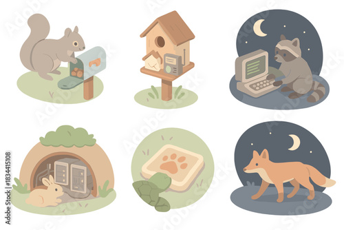 Suburban Wildlife Espionage. Isometric vector illustration set Suburban wildlife spy agency operations: coded nut stash under