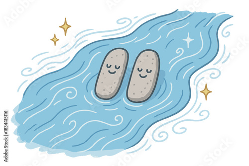 Pause Button River. A flowing river with a floating “pause” button formed by smiling stones, gentle doodle currents and sparkles,