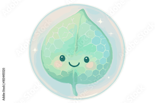 Glowing Leaf Details. A smiling leaf magnified with glowing cell details and tiny sparkles, gentle pastel accents, No text, No