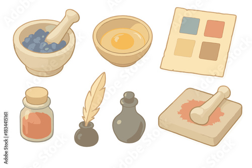 Medieval Art Supplies. Isometric vector illustration set Medieval manuscript pigment recreation: crushed lapis lazuli in mortar,