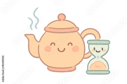Cheerful Teapot Doodle. A cheerful teapot with a smiling "infusion time" hourglass, soft pastel doodle style, No text, No labels,