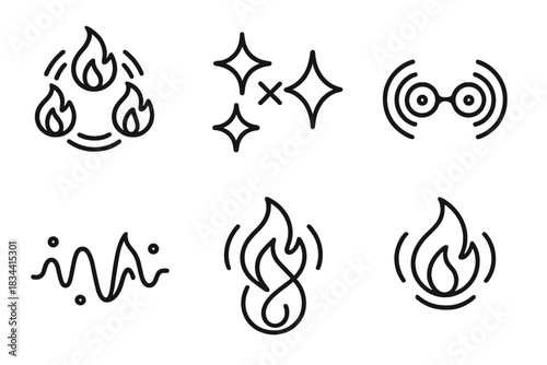 Animated Energy Icons. Line vector icons of animated energy unions: pulsing flame nodes, vibrating spark pairs, oscillating
