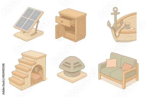 Tiny House Boat Design. Isometric vector illustration set Tiny house boat customization: tilting solar tracking panel system, soft